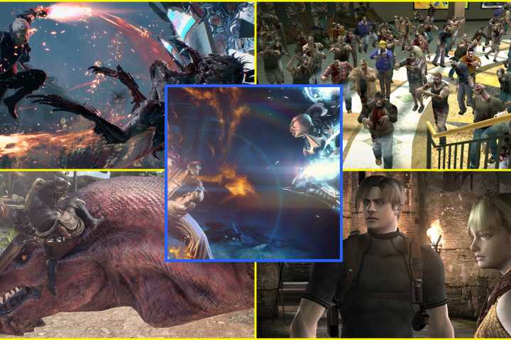 10-Best-Capcom-Games-Ranked-Devil-May-Cry-5-Nero-striking-devil-Monster-Hunter-World-player-fighting-monster-Ultimate-Marvel-vs-Capcom-3-Ryu-fighting-Nova-Dead-Rising-zombies-Resident-Evil-4-Leon-and-Ashley