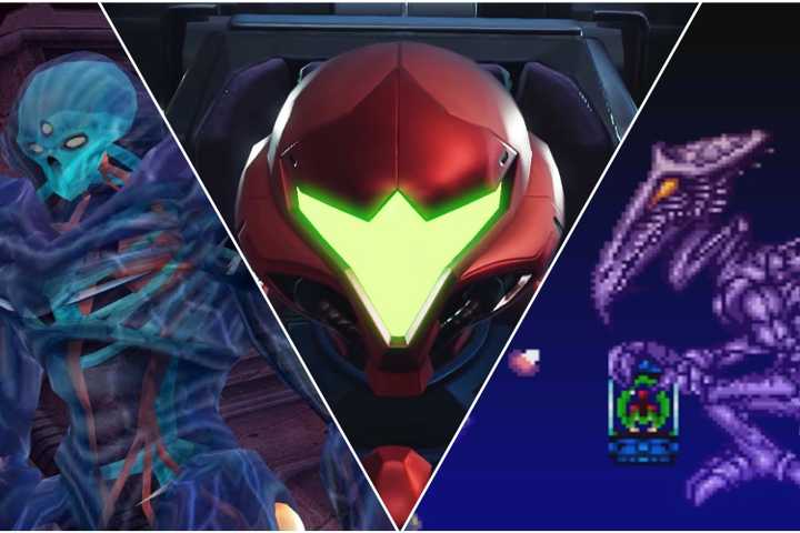 8-Best-Metroid-Games-Ranked-Metroid-Prime-2-Echoes-Dark-Samus-Metroid-Dread-Samus-Aran-Helmet-and-Super-Metroid-Ridley