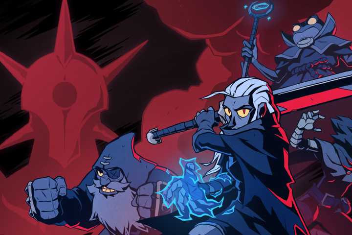 Absolum cover artwork with Galandra, Karl, Cider and Brome on the foreground and Azra on the background