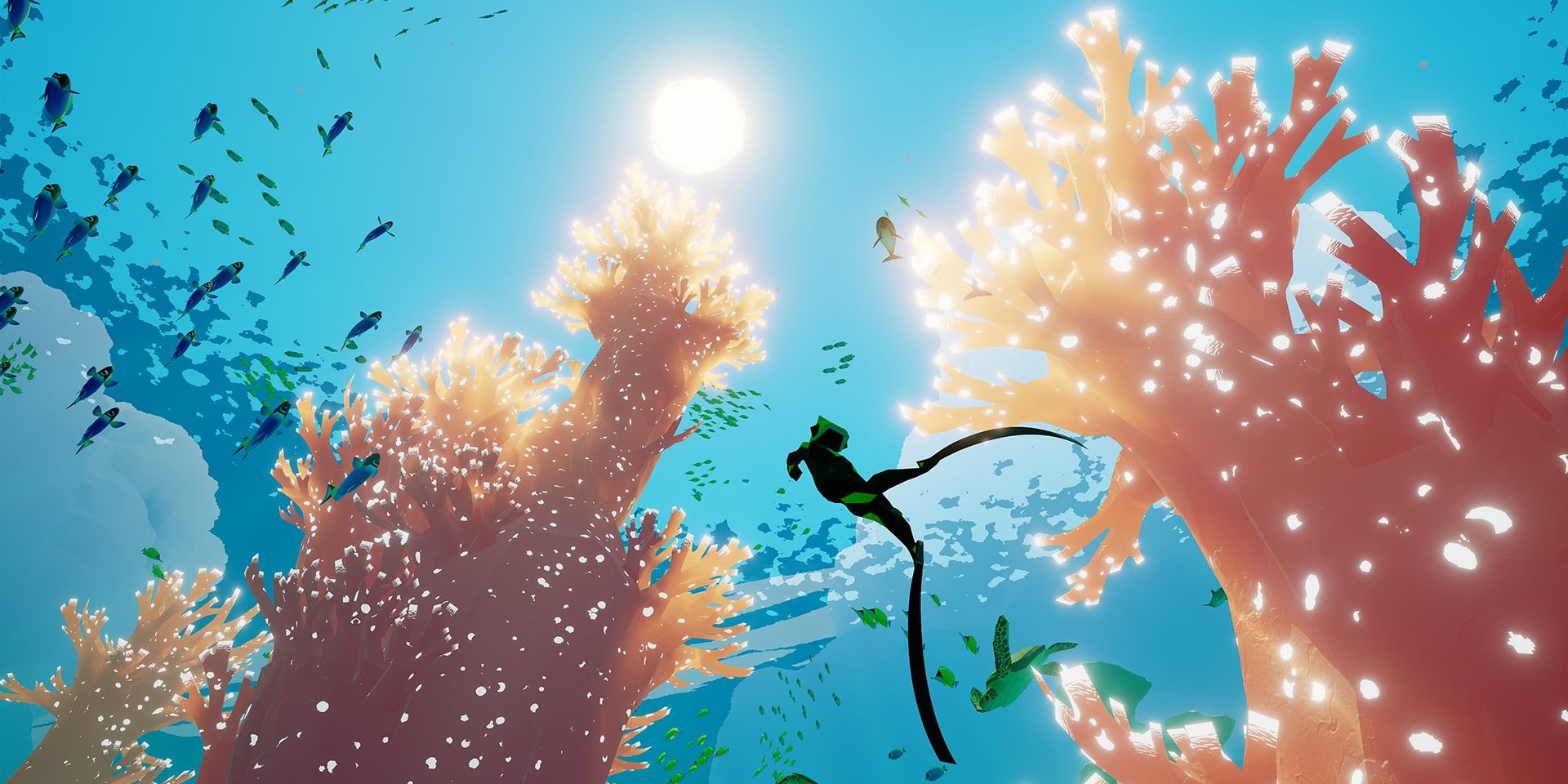 Abzu scuba diver swims near coral to the surface