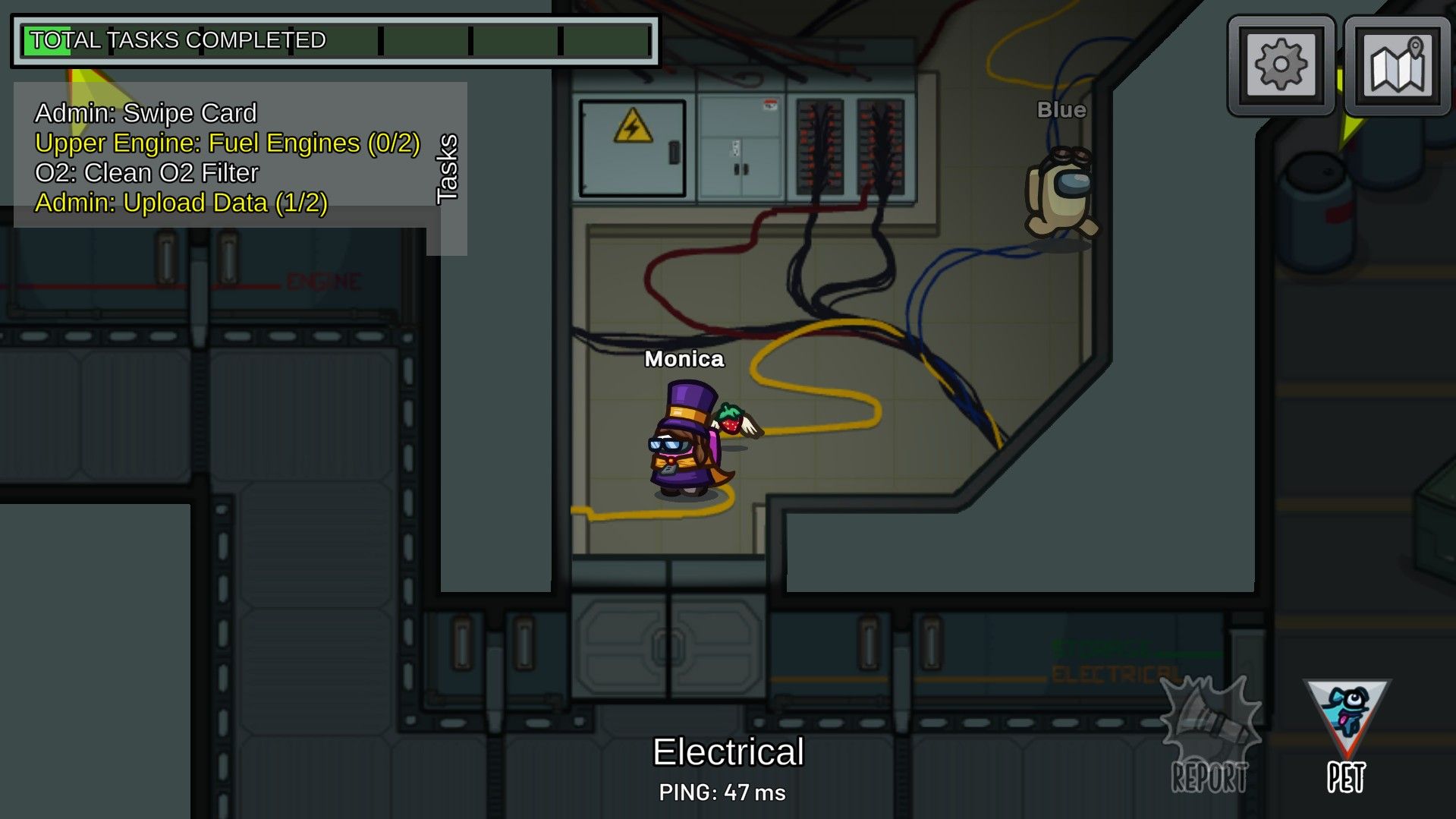 A Screenshot of the Skeld map in Among Us.