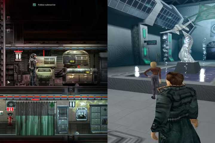 A combined image of gameplay from Anachronox and Barotrauma