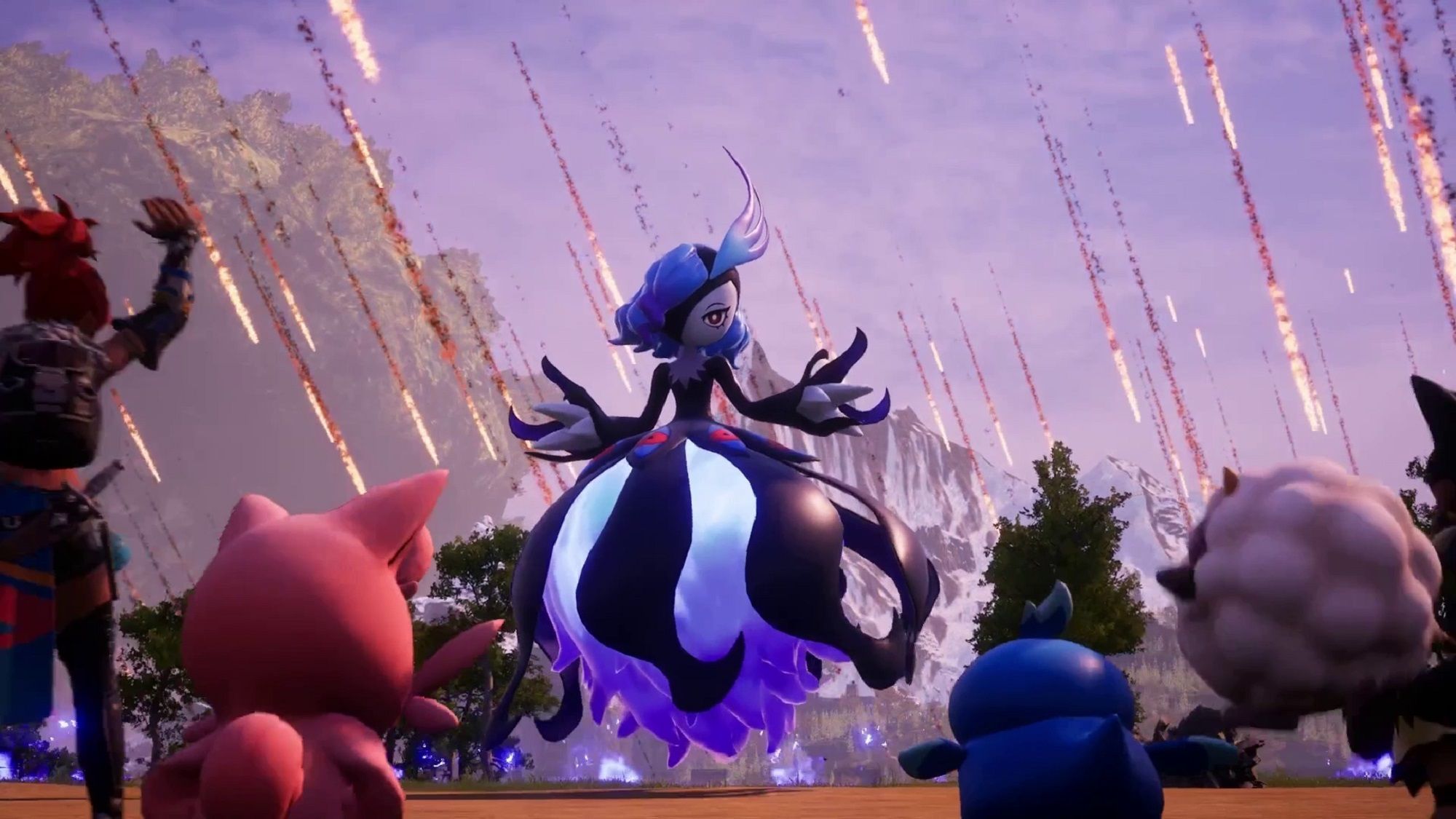 Bellanoir from Palworld facing a team of Pals after being summoned for a raid battle