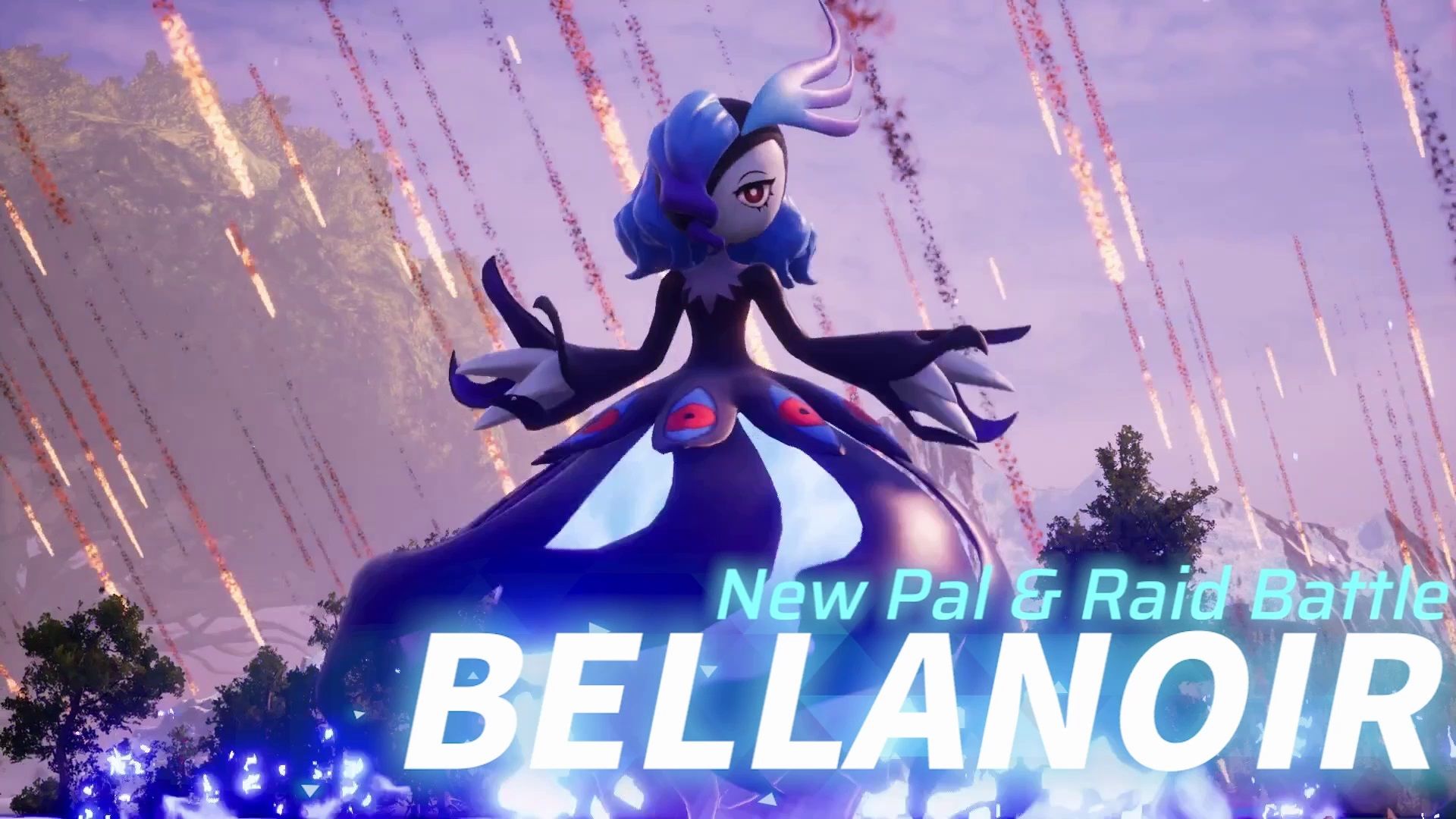 Bellanoir From Palworld being revealed with a meteor storm behind her, and writing identifying the Pal and that there's going to be a raid battle