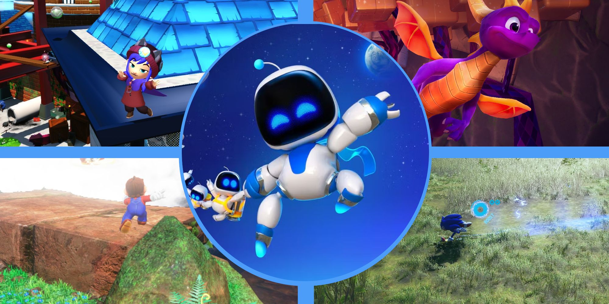Thumbnail for the Best Games Like Astro Bot article, featuring A Hat in Time, Spyro, Mario Odyssey and Sonic Frontiers.