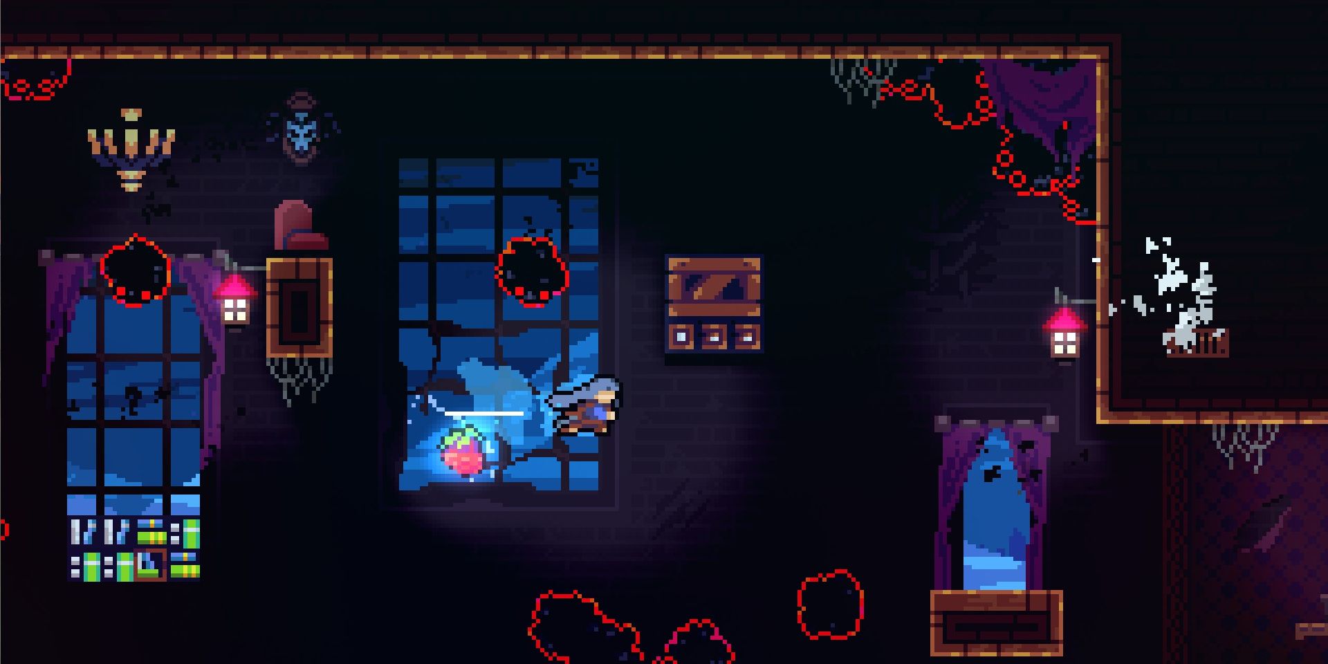 A screenshot of Celeste, in the Celestial Resort level, with Madeline dashing above a pit to grab a strawberry.
