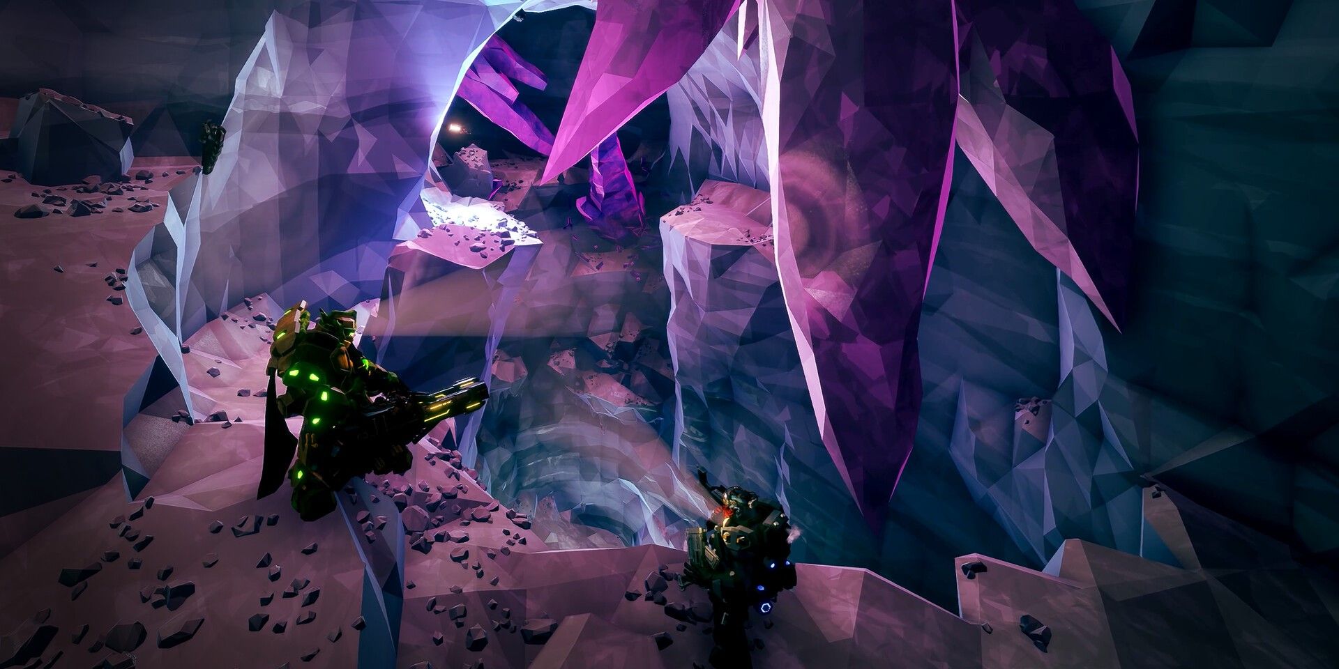 Deep Rock Galactic Two Miners Stare Into A Deep Abyss