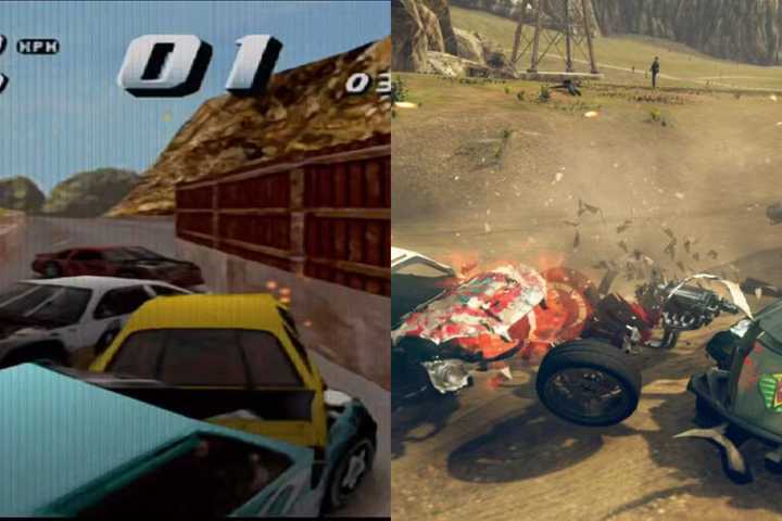 A combined image of cars crashing gameplay from Destruction Derby 2 and Carmageddon Max Damage