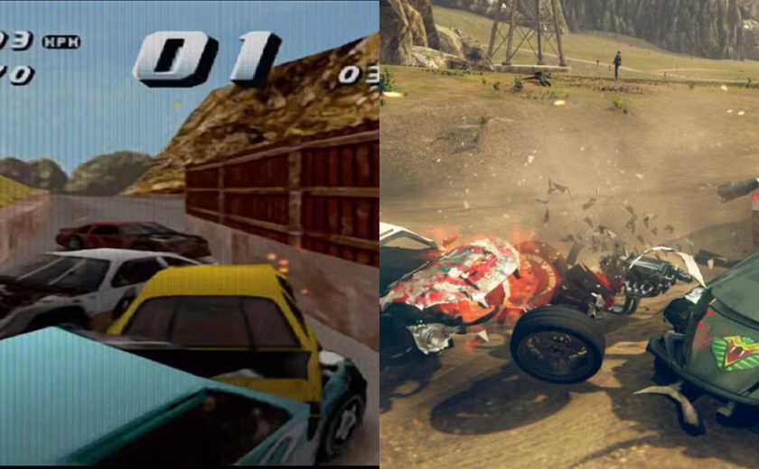 A combined image of cars crashing gameplay from Destruction Derby 2 and Carmageddon Max Damage