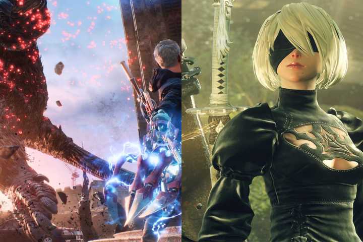 A combined image of a fight in Devil may cry 5 and 2B from Nier automata