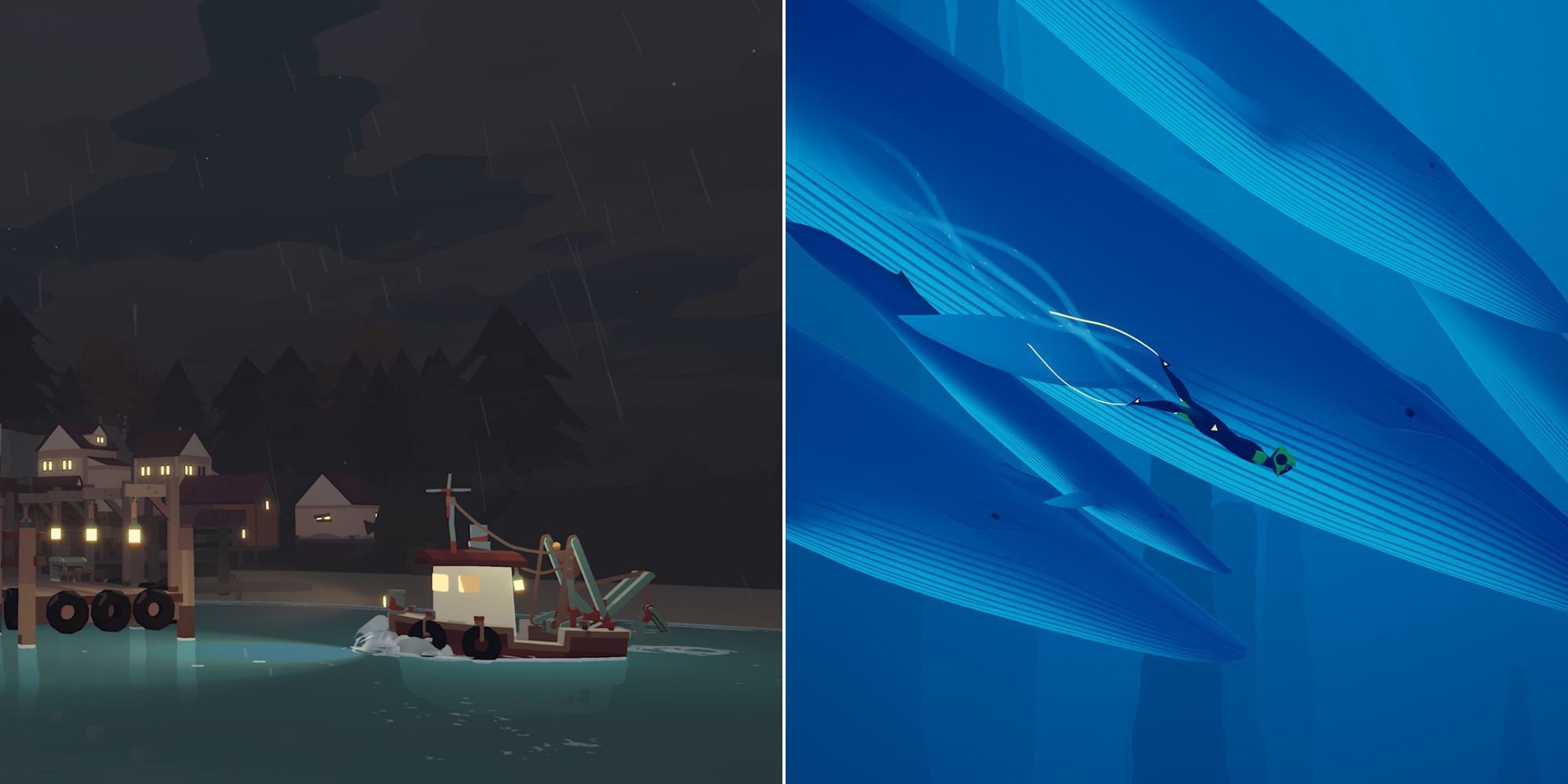 Split image of Dredge boat at night and Abzu diver with whales