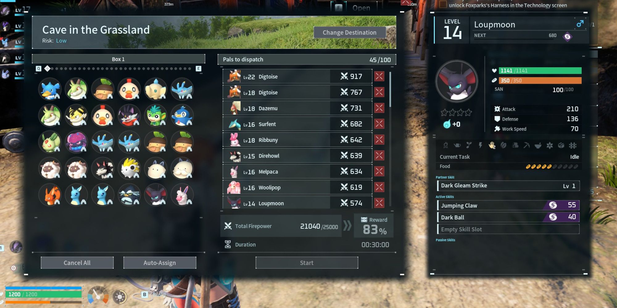 The assignment screen for sending Pals on Expeditions in Palworld.