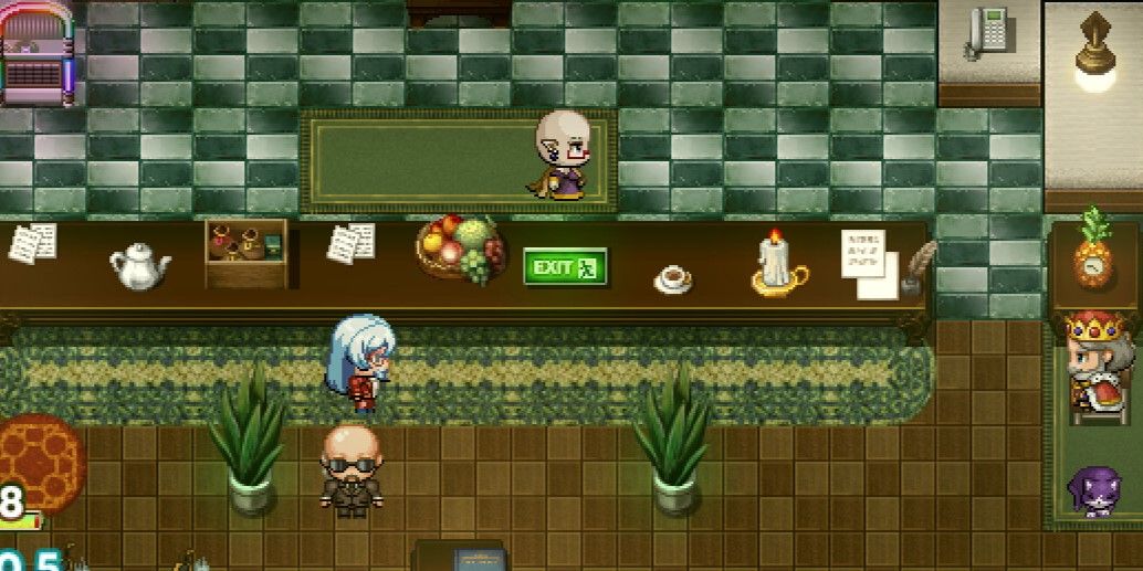 Final Profit main character standing behind shop counter