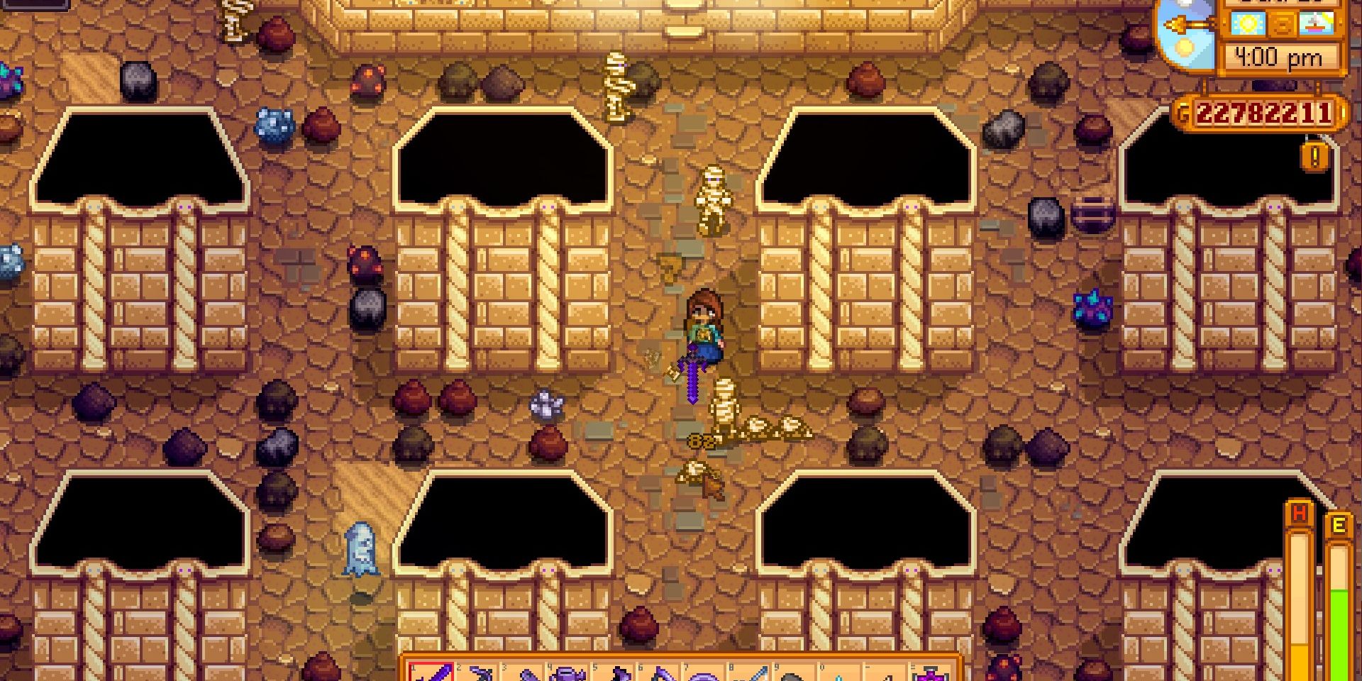 Image of the Galaxy Sword being used to kill mummies in Stardew Valley.