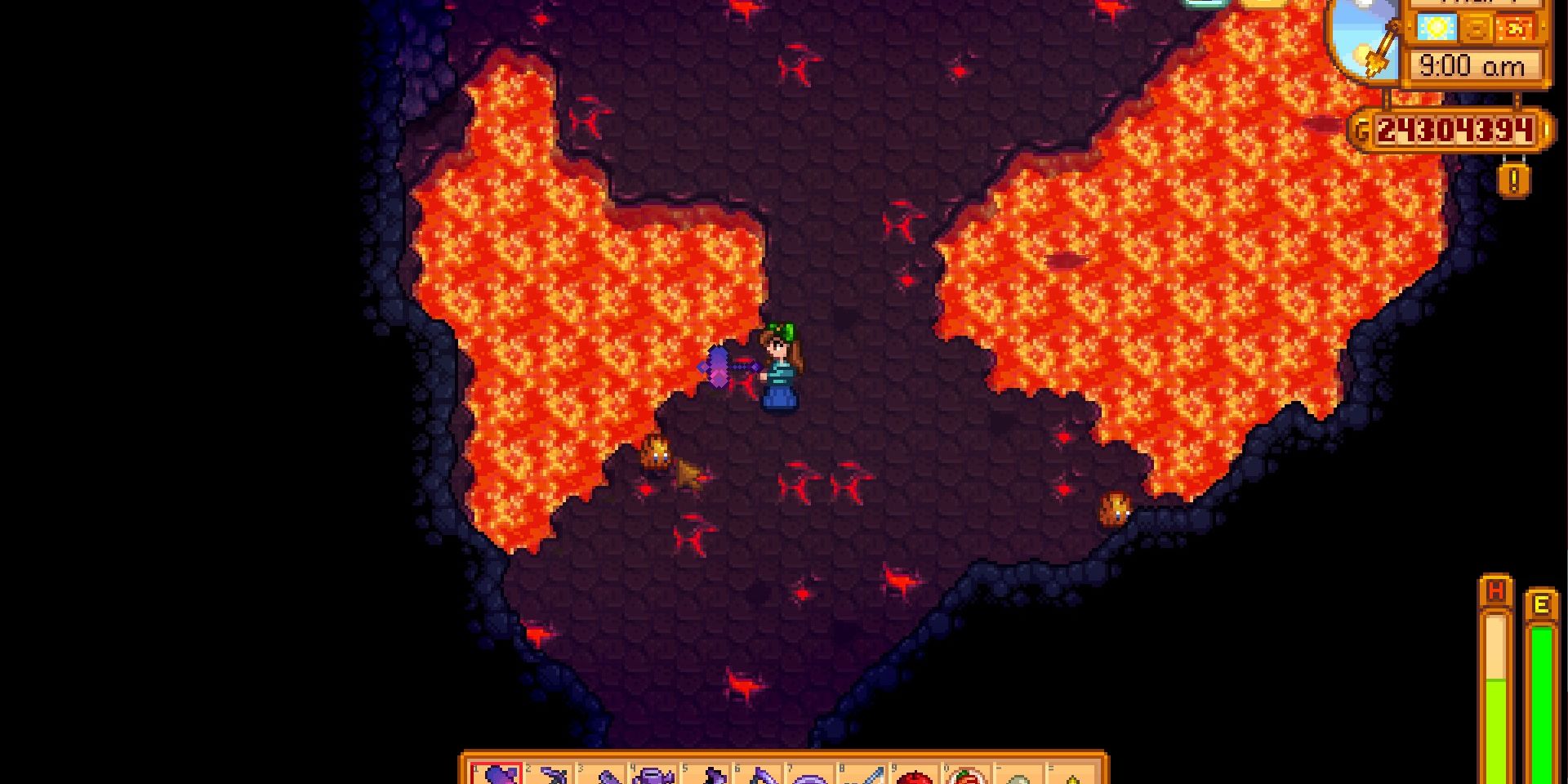 Image of the Infinity Hammer being used in the Volcano in Stardew Valley.
