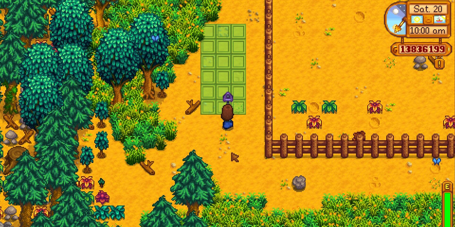 Screenshot of the Iridium Hoe tilling multiple tiles in Stardew Valley.