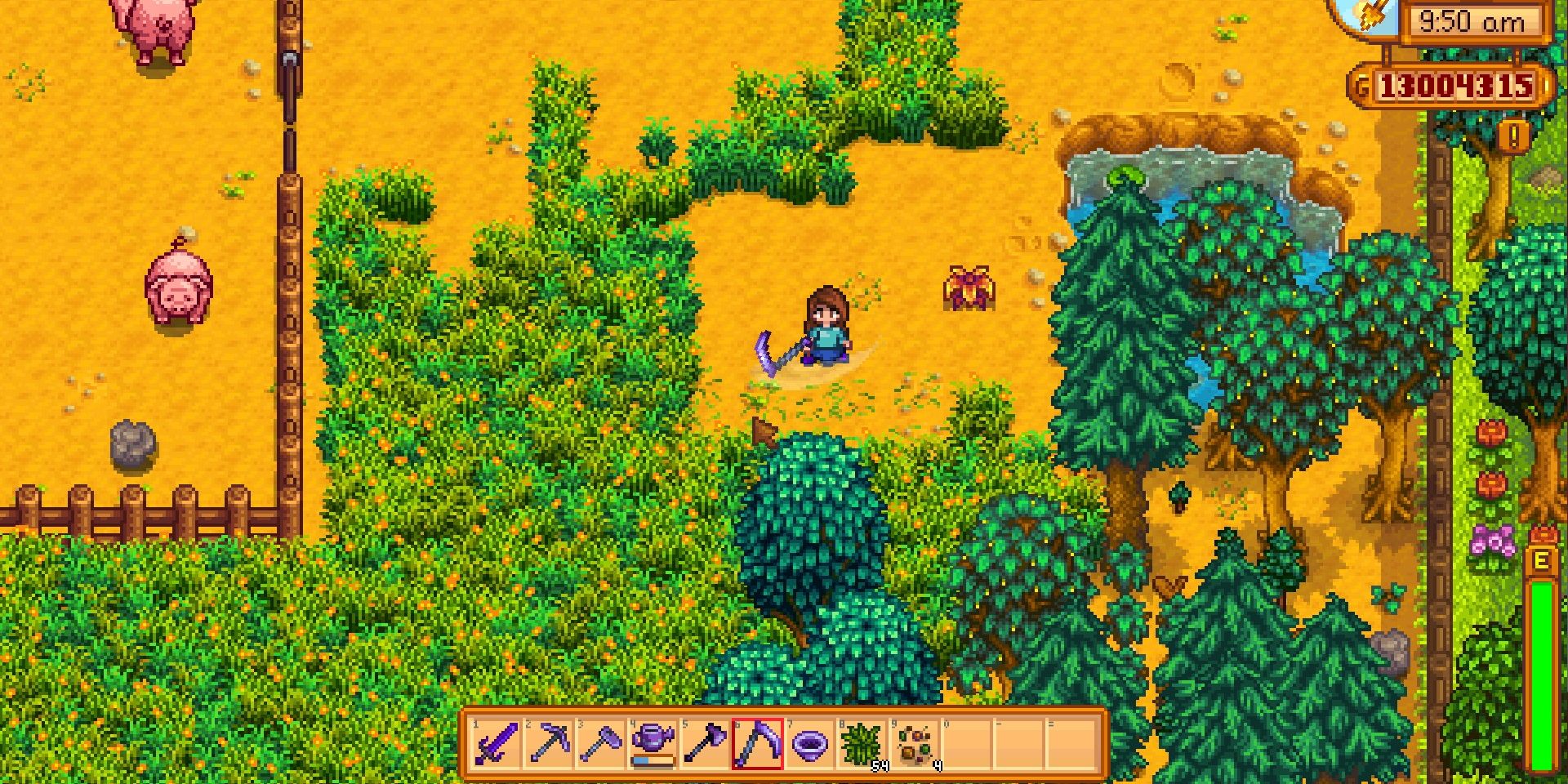 Screenshot of the Iridium Scythe clearing weeds in Stardew Valley.