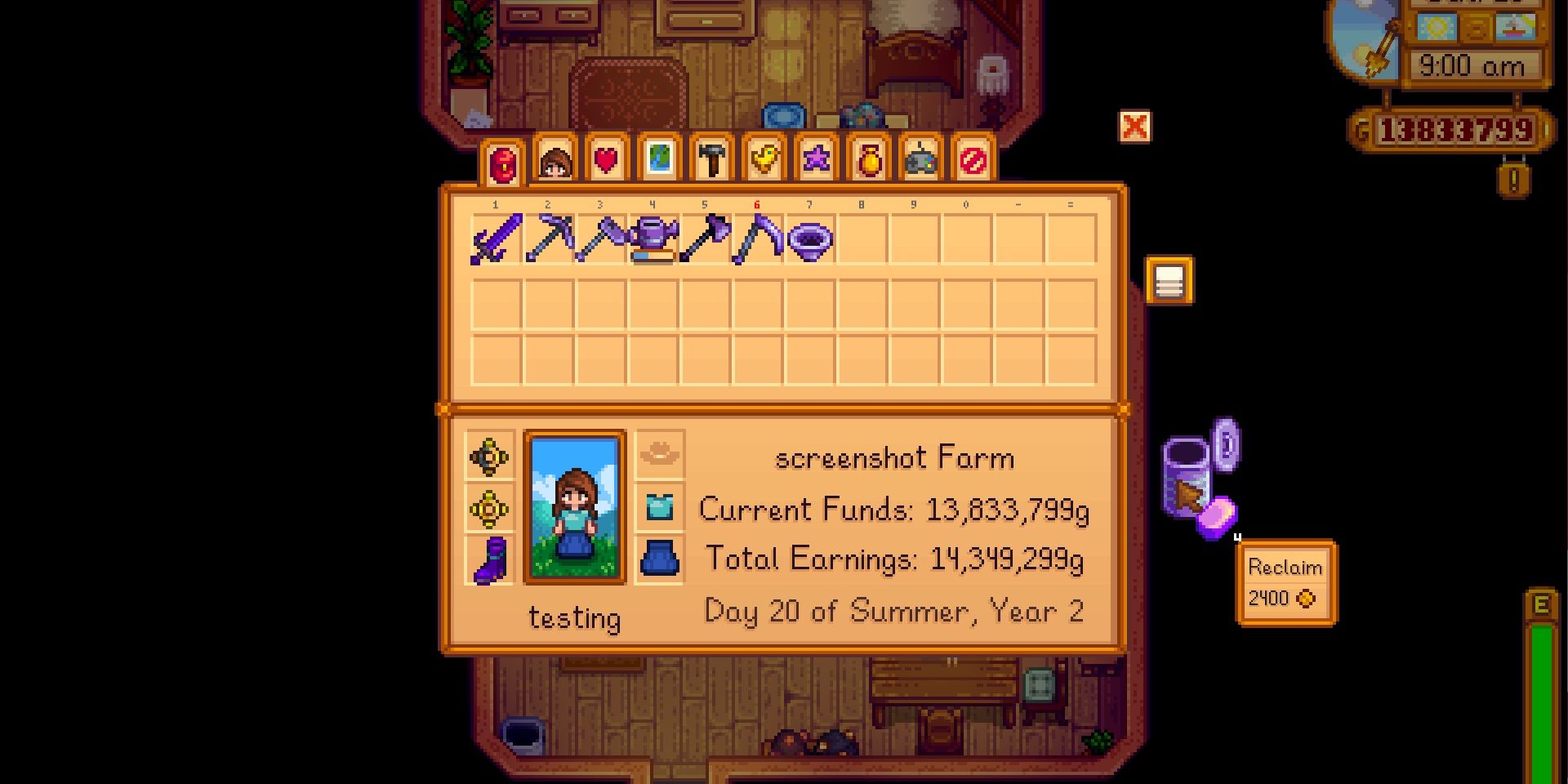 Screenshot of throwing away Iridium Bars into an Iridium Trash Can in Stardew Valley.