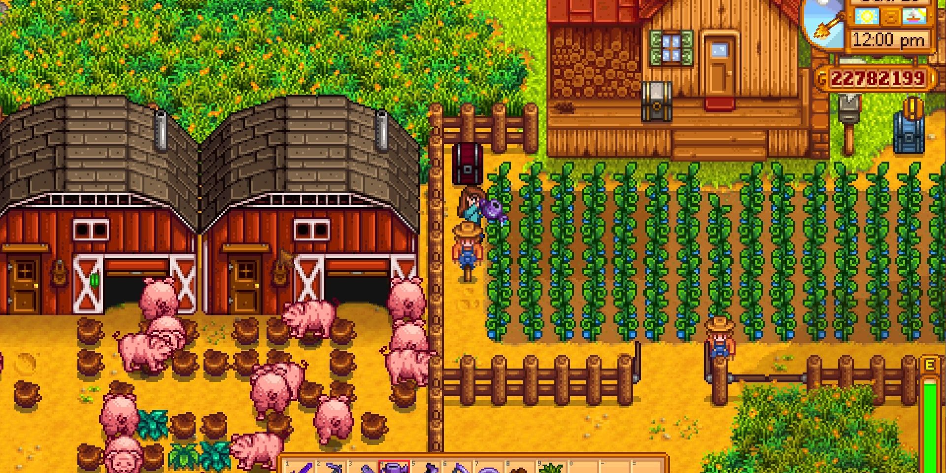 Screenshot of the Iridium Watering Can watering multiple tiles at once in Stardew Valley.