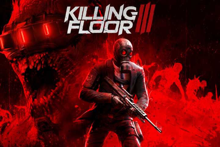 Killing Floor 3 art featuring a gas mask man with a gun, a big zed in the background and multiple creatures silhouettes in pure blood