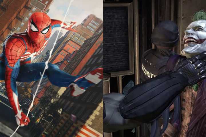 A combined image of Spider-Man swinging in Marvel’s Spider-Man and Batman holding Joker in Batman Arkham Asylum