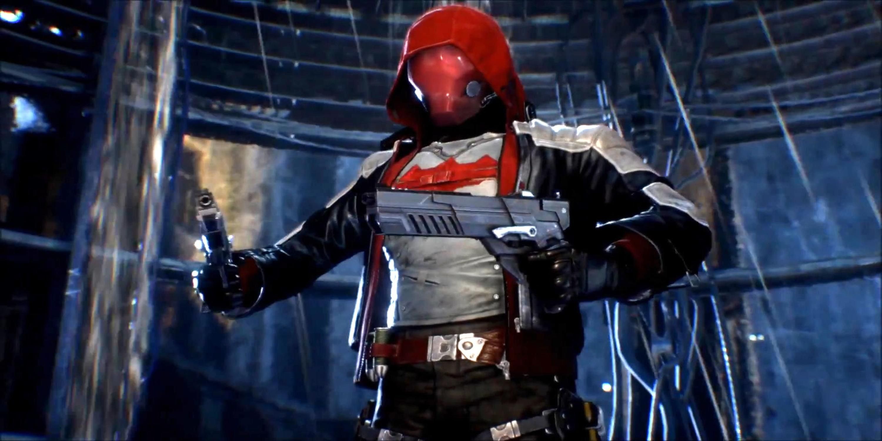 Red Hood holding two pistols in his hands in Batman Arkham Knight