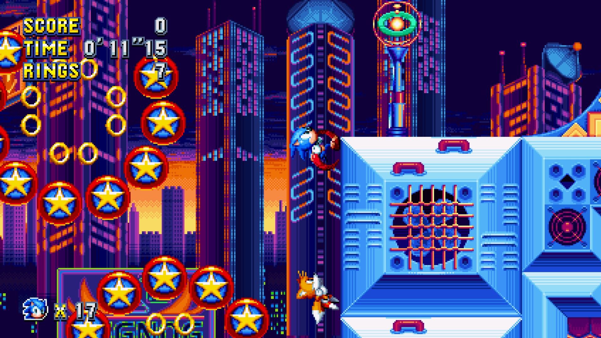 A screenshot of Sonic Mania's Studiopolis Zone, with Sonic and Tails running up a wall.