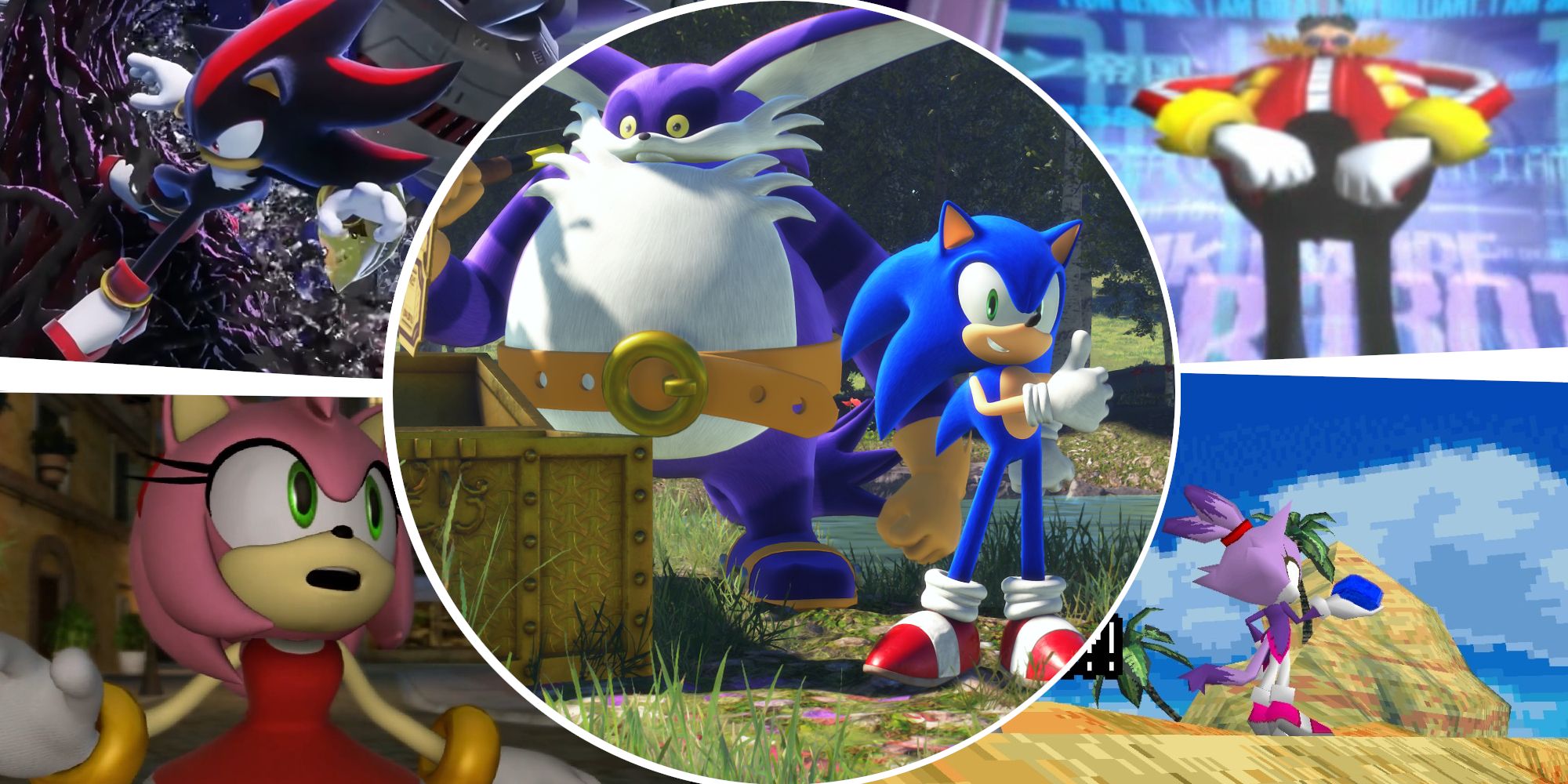 Thumbnail for the Most Iconic Sonic Characters List, featuring Sonic, Big, Shadow, Eggman, Amy, and Blaze.