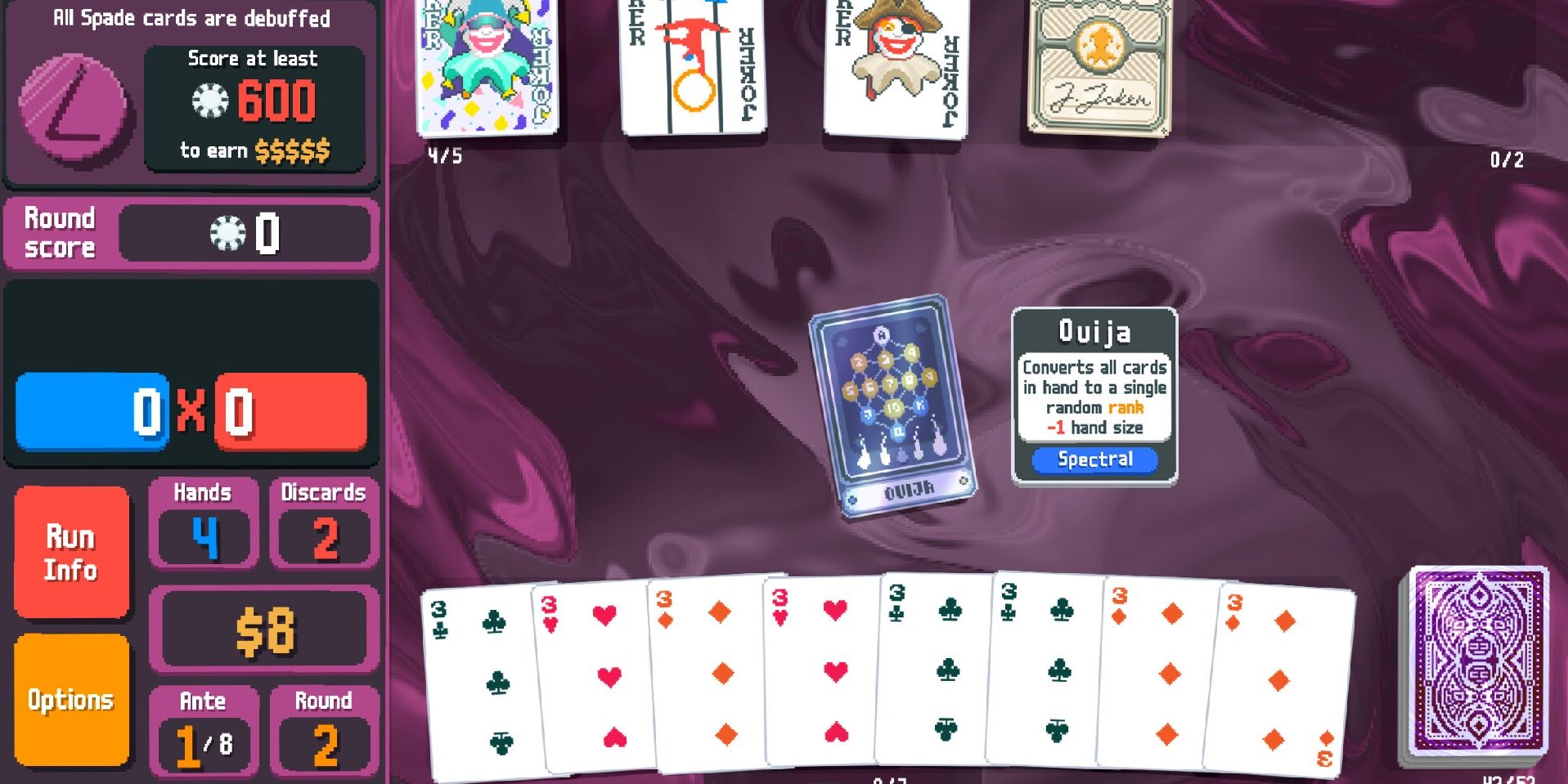 Screenshot of Balatro from its Steam page, showing the player using a Ouija card while on the Goad boss blind.