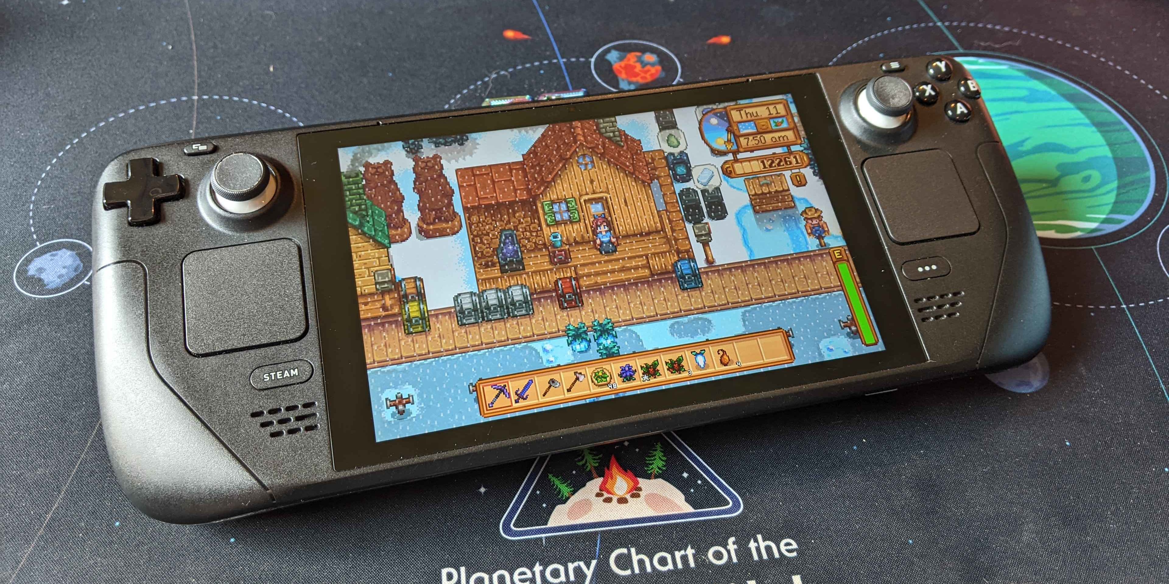 A photo of Stardew Valley running on the Steam Deck, with the character on their porch during Winter.
