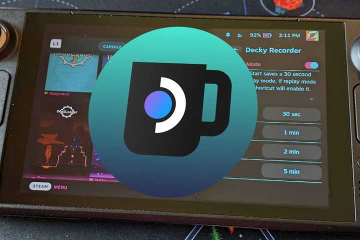 A Steam Deck with the Decky Recorder on screen on a table
