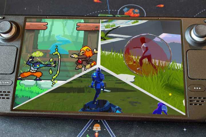 Thumbnail for the best Multiplayer games on Steam Deck article, featuring Rivals of Aether, Risk of Rain 2, and Tower Unite.