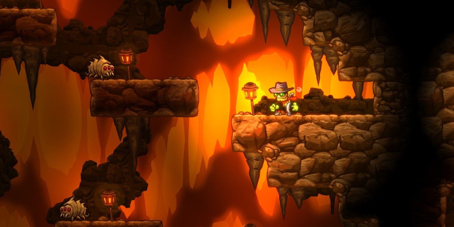 SteamWorld Dig character looks at monsters in the mines