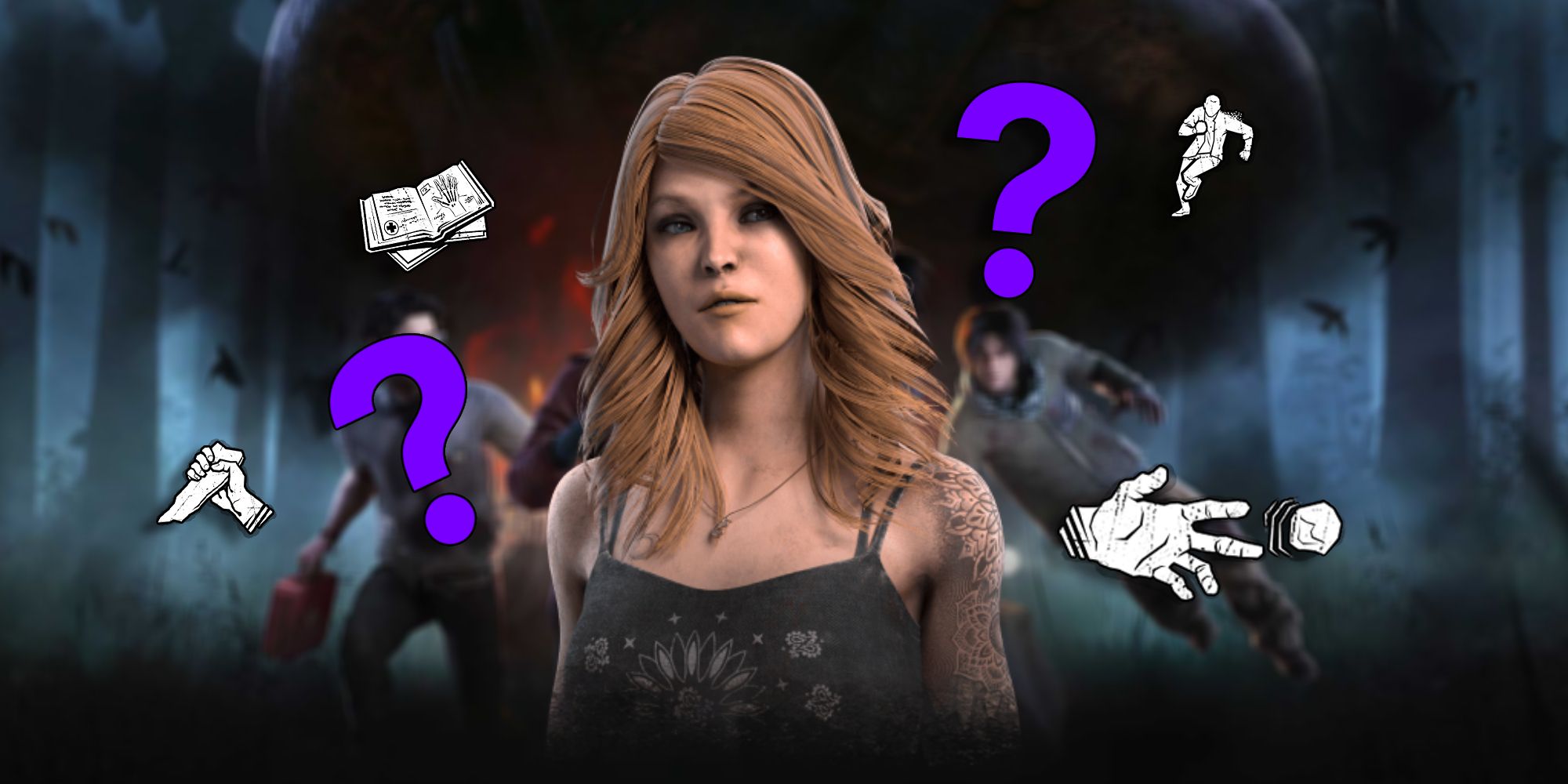 A survivor of Dead by Daylight surrounded by icons of perks