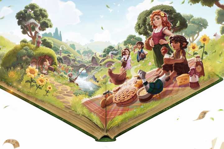 Tales of the Shire art from the official site, showing Hobbits enjoying a cozy life within the pages of a book.