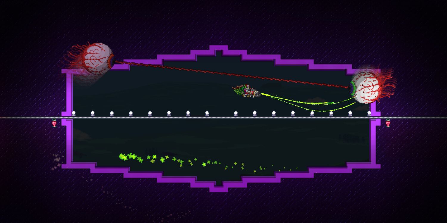 Female character doing the Twins fight while flying with Leaf Wings in Terraria.