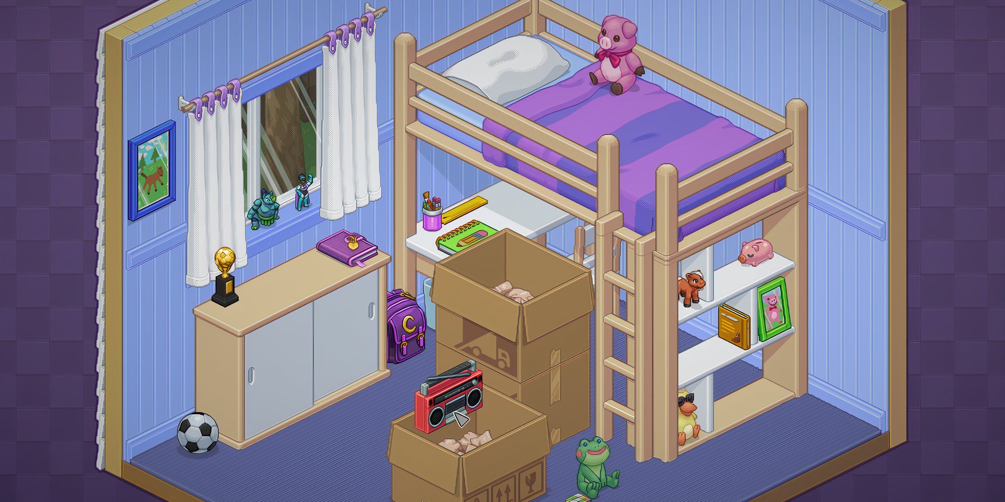 In this screenshot from Unpacking simulator, a child's room with stuffed animals and school supplies