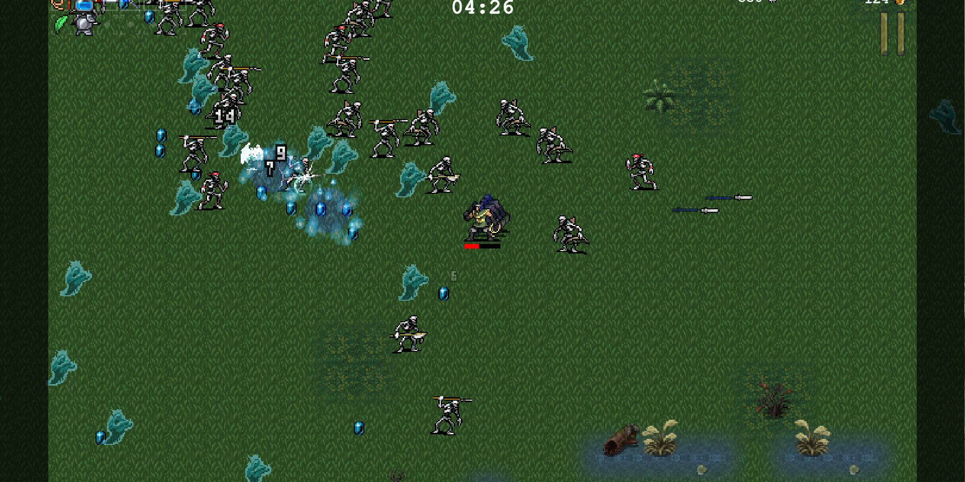 Screenshot of Vampire Survivors, featuring several Skeletons and Ghosts dying to fire and knives.