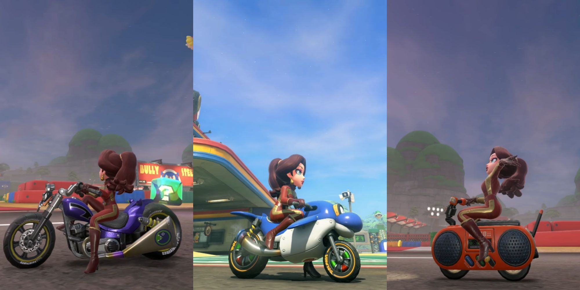 W-Twin Chopper, Dolphin Dasher, and Tune Thumper Bikes in Mario Kart World